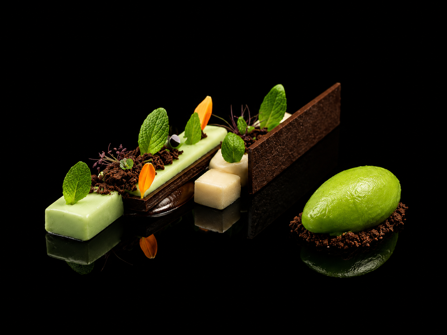 Un dessert élégant composé de plusieurs éléments, dont des feuilles de menthe, des pétales orange, des cubes de différentes couleurs, une plaque de chocolat noir, et une halva verte, présenté sur un fond noir.