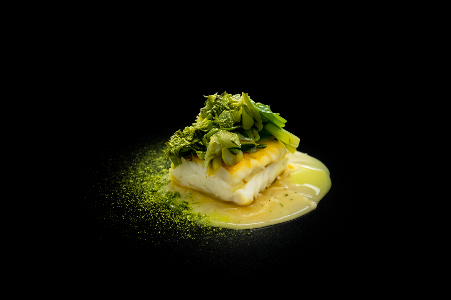 Plat gastronomique avec un filet de poisson, légumes verts, et sauce claire, présenté sur fond noir.