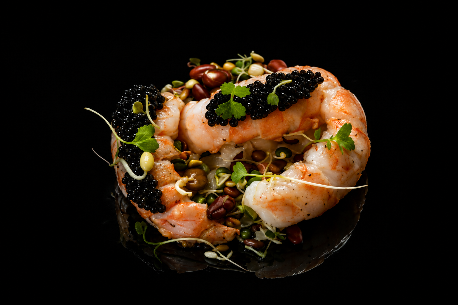 Gambas entourées de graines, caviar de mûres, germes et feuilles vertes sur fond noir.