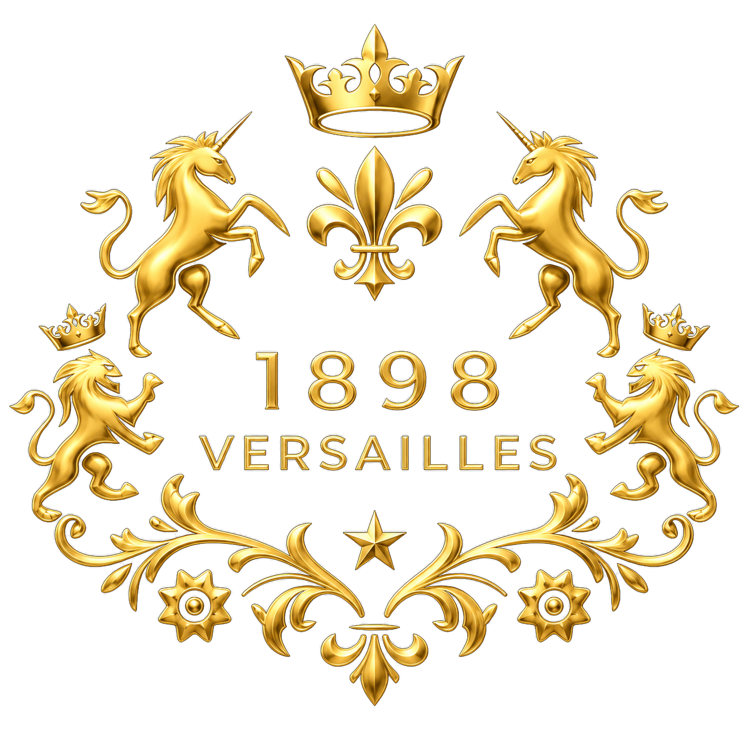 Logo doré avec deux licornes et une couronne, année 1898 et texte 'Versalles' en dessous