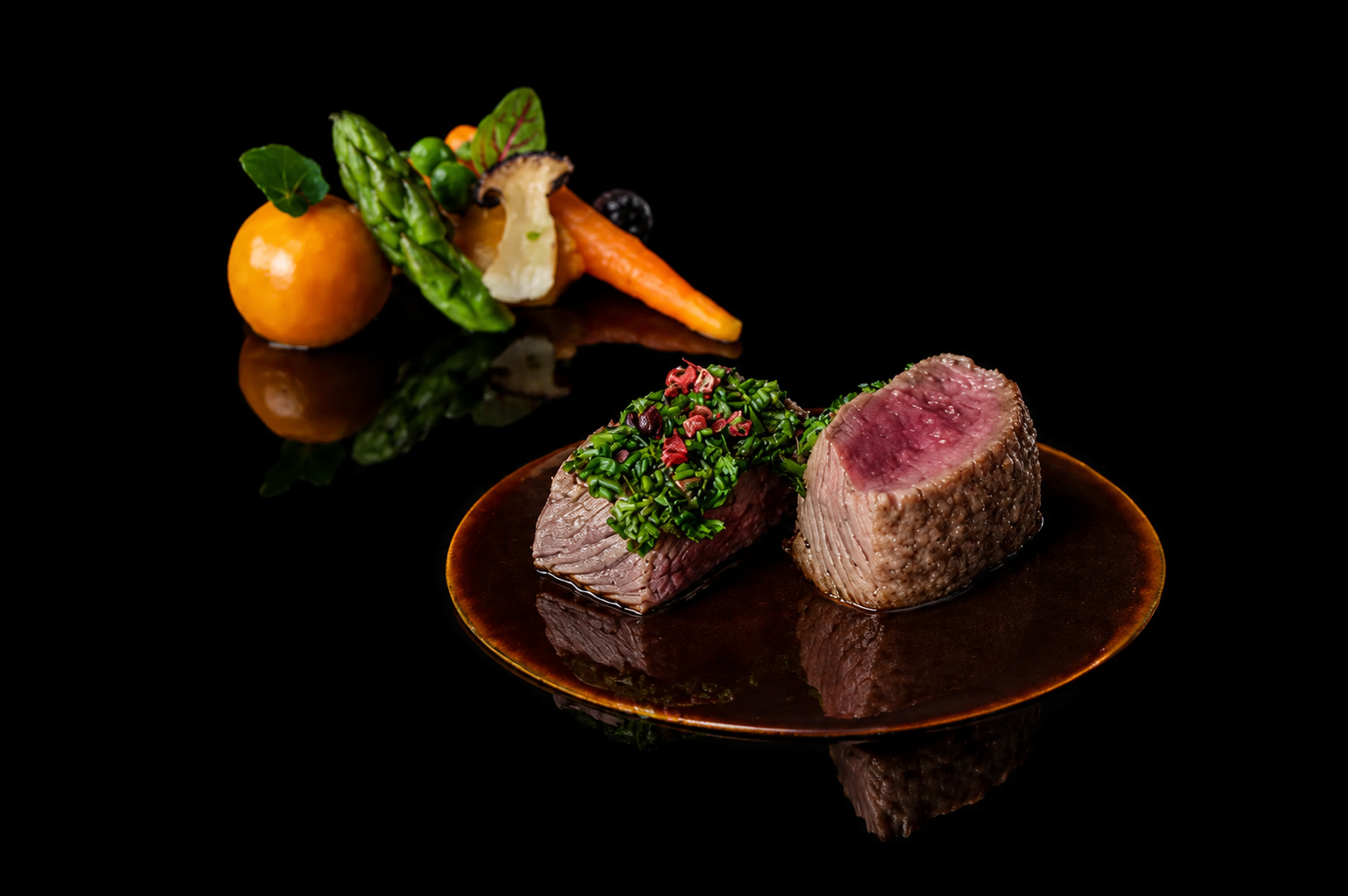 Gros plan d'une pièce de viande saignante, garnie de fines herbes, sur une assiette en sauce. En arrière-plan, des légumes variés dont un petit orange, un cube de fromage, une asperge, une carotte et un champignon, sur un fond noir.