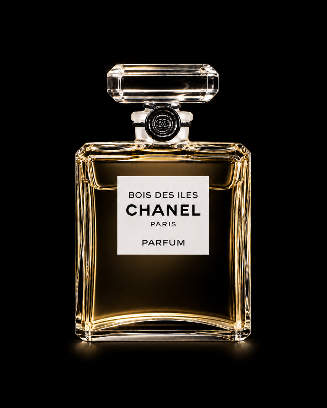 Flacon de parfum Chanel Bois des Iles, avec une étiquette blanche et du parfum ambré à l'intérieur, sur fond noir.