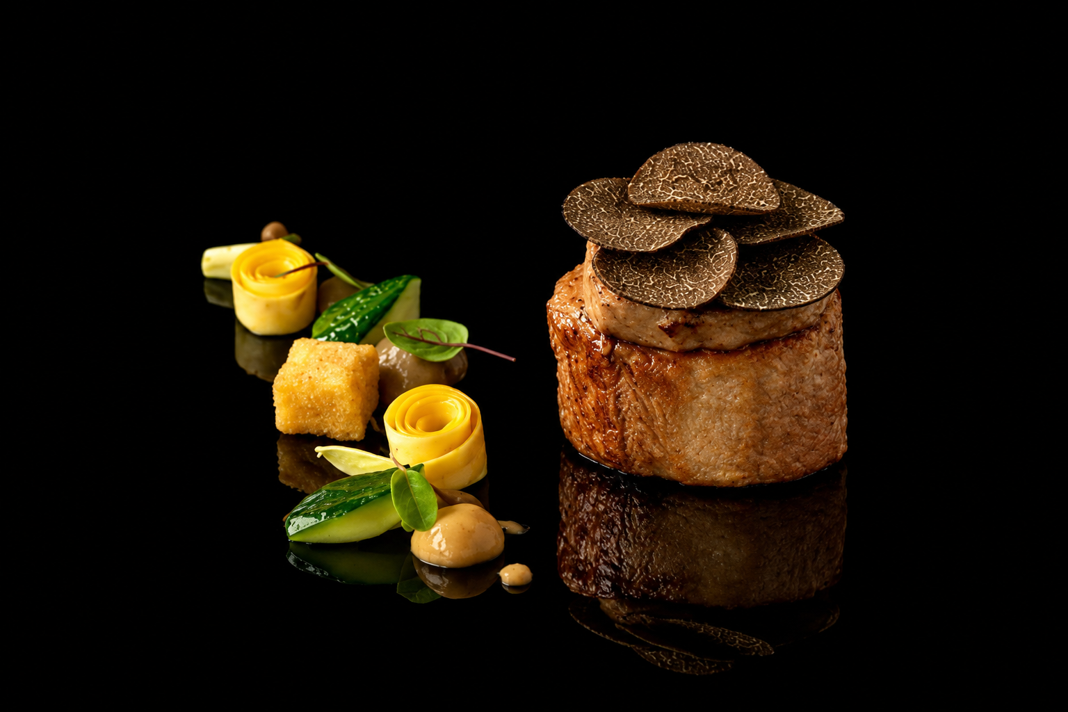 Un plat gastronomique avec un filet de viande cuit, garniture de truffes noires en tranches, accompagnements avec des légumes, une crème et un croquet de polenta, présenté sur un fond noir