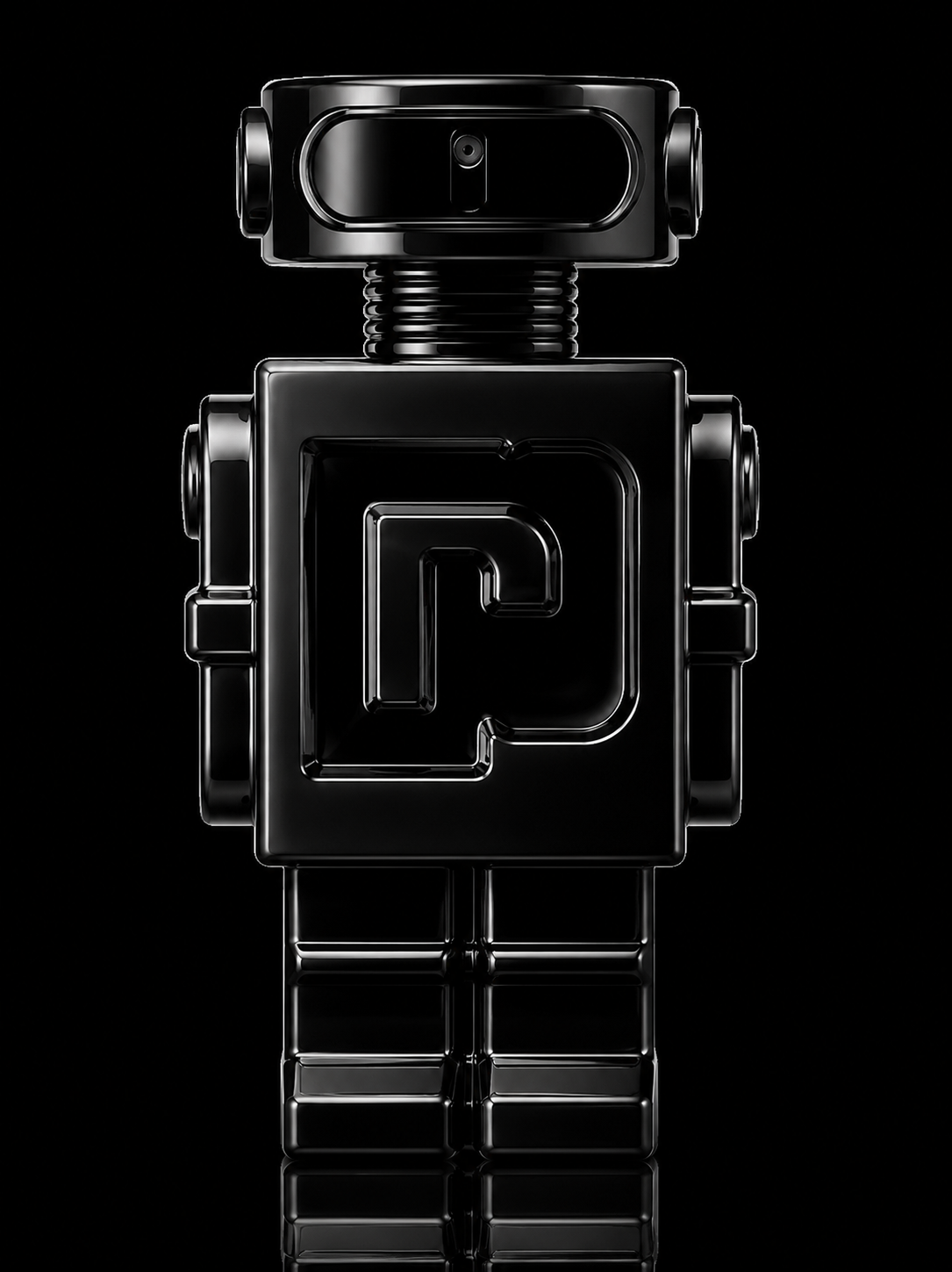 Un robot en métal noir avec un design vintage, sur un fond noir.
