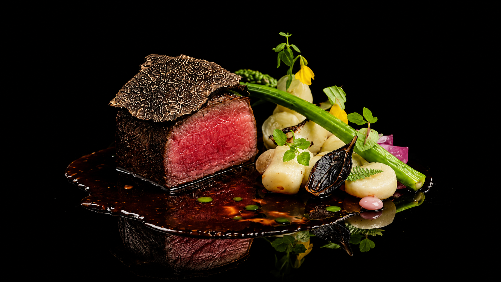 Pièce de bœuf mi-cuit avec une fine tranche de truffe noire, accompagnée de légumes et de sauces, sur une assiette noire brillante.