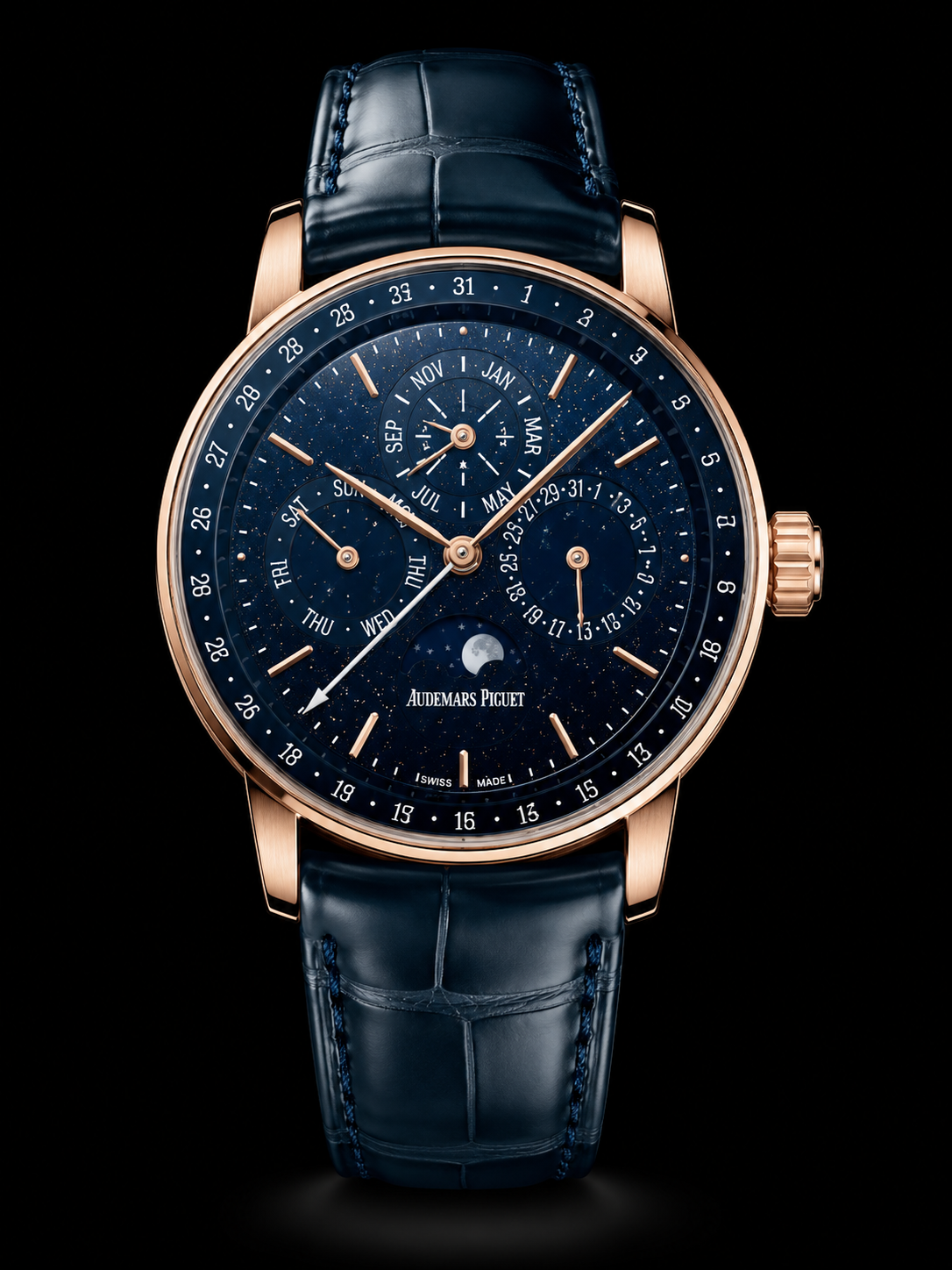 Montre de luxe avec cadran bleu foncé, indicateurs pour jour, mois, date, phase de lune, bracelet en cuir bleu, boîtier en or rose.