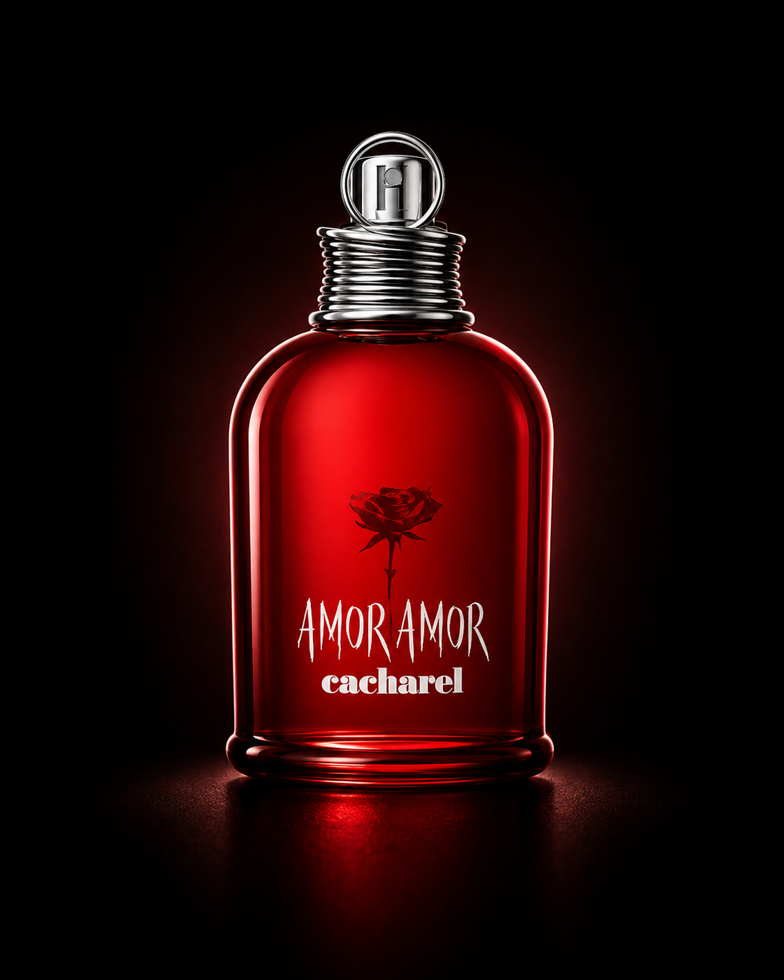 Flacon de parfum rouge avec une rose noire sur l'étiquette, fond noir, texte 'Amor Amor' et 'cacharel'.