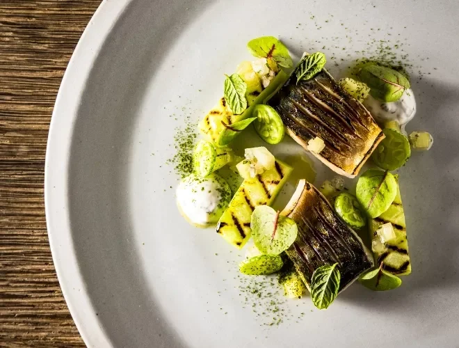 Deux morceaux de poisson grillé accompagnés de légumes verts, herbes fraîches et sauces sur une assiette blanche.