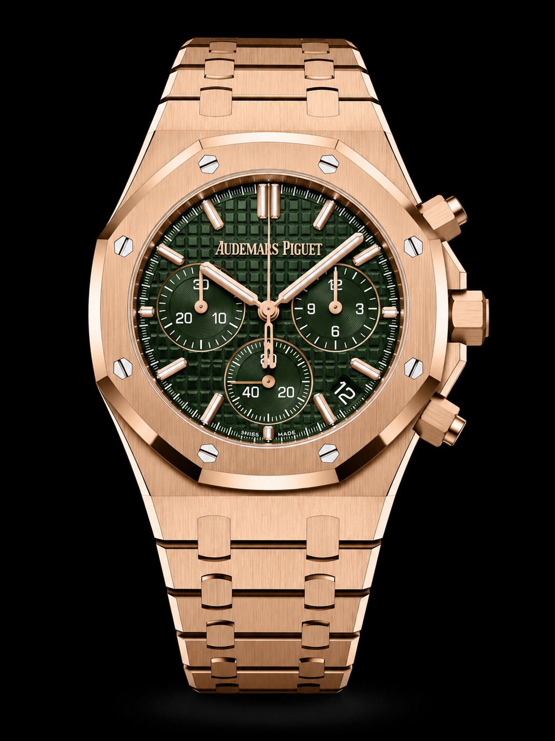 Montre en or rose avec cadran vert à chronographe, marque Audemars Piguet, boîtier octogonal, bracelet en or rose.