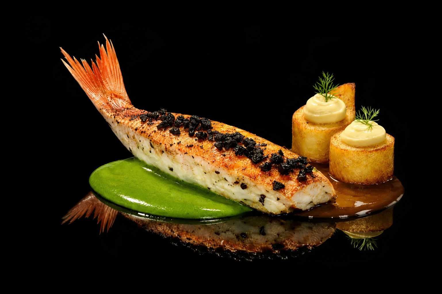 Filet de poisson grillé garni de caviar noir, accompagné de deux pommes de terre roulées garnies de mayonnaise et d'aneth, sur un fond noir