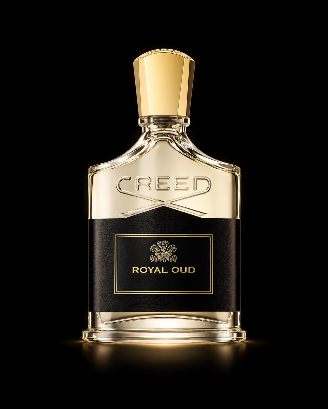 Flacon de parfum Creed Royal Oud avec une étiquette noire et or, fond noir.