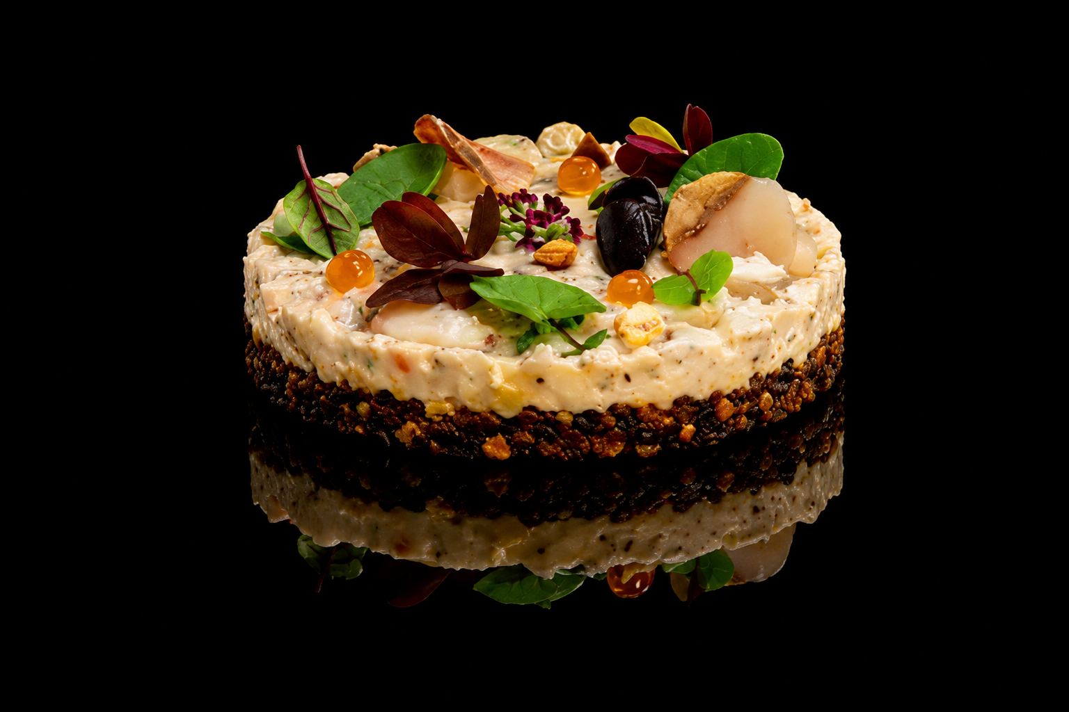 Tartelette salée avec crème et garnitures colorées, entourée de croûte de graines, sur fond noir.