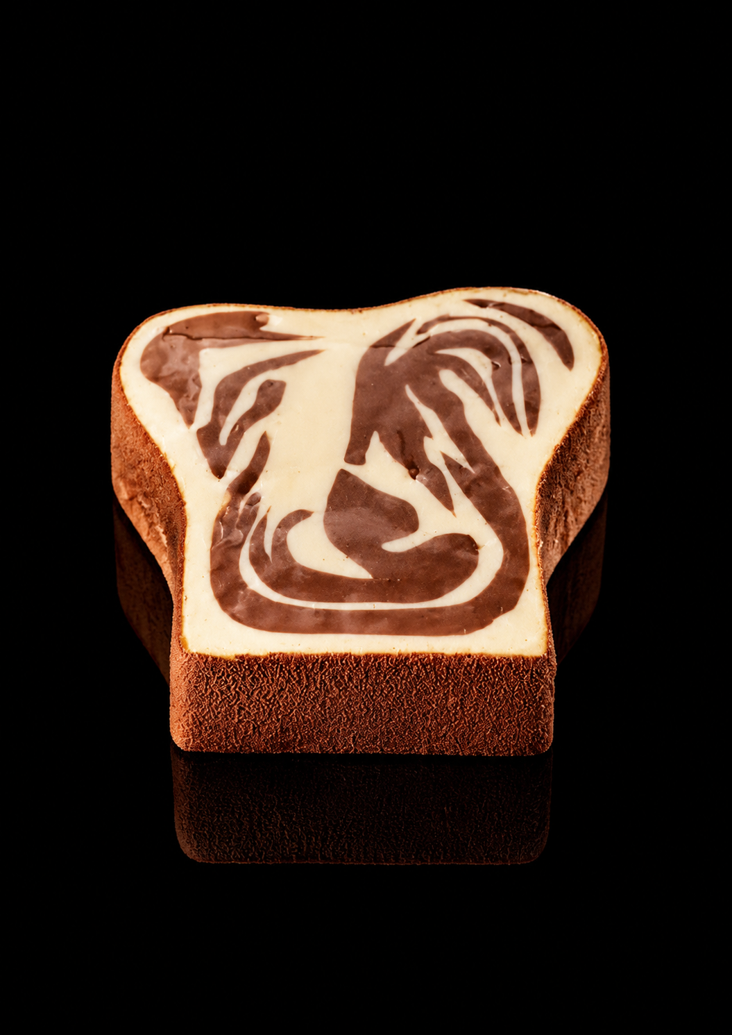 Gâteau en forme de livre avec une illustration de visage en chocolat blanc et foncé sur le dessus, foncé autour. Fond noir.