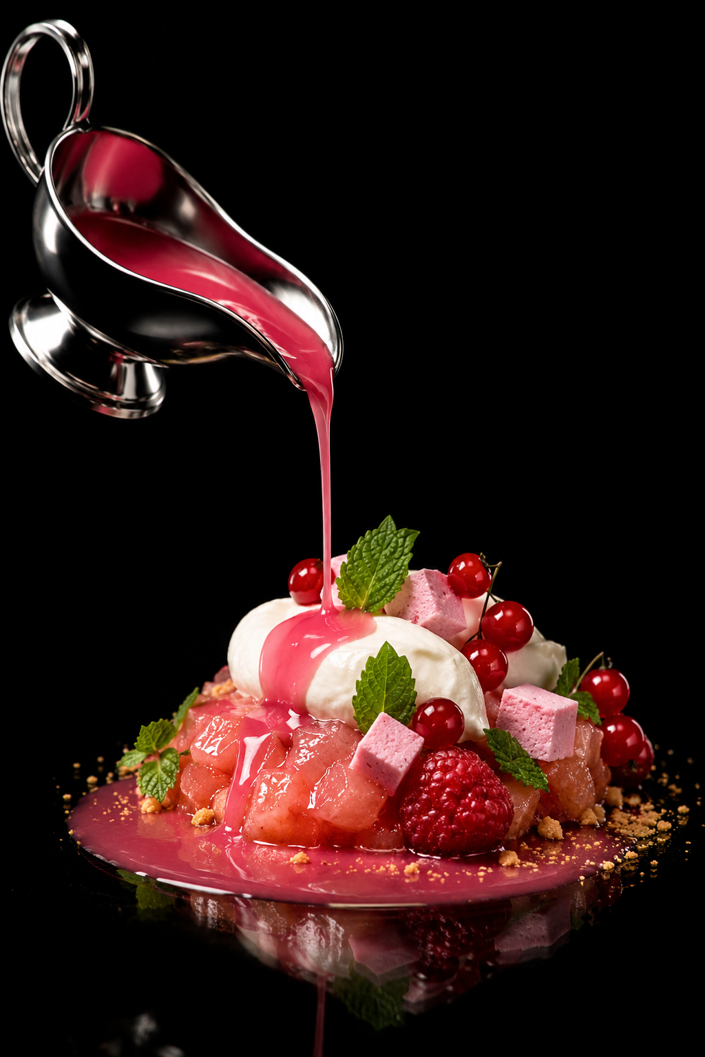 Un dessert élégant avec une sauce rouge being versée sur une composition de fruits rouges, de crème, de meringue, de petits cubes roses et de feuilles de menthe, présenté sur un fond noir.