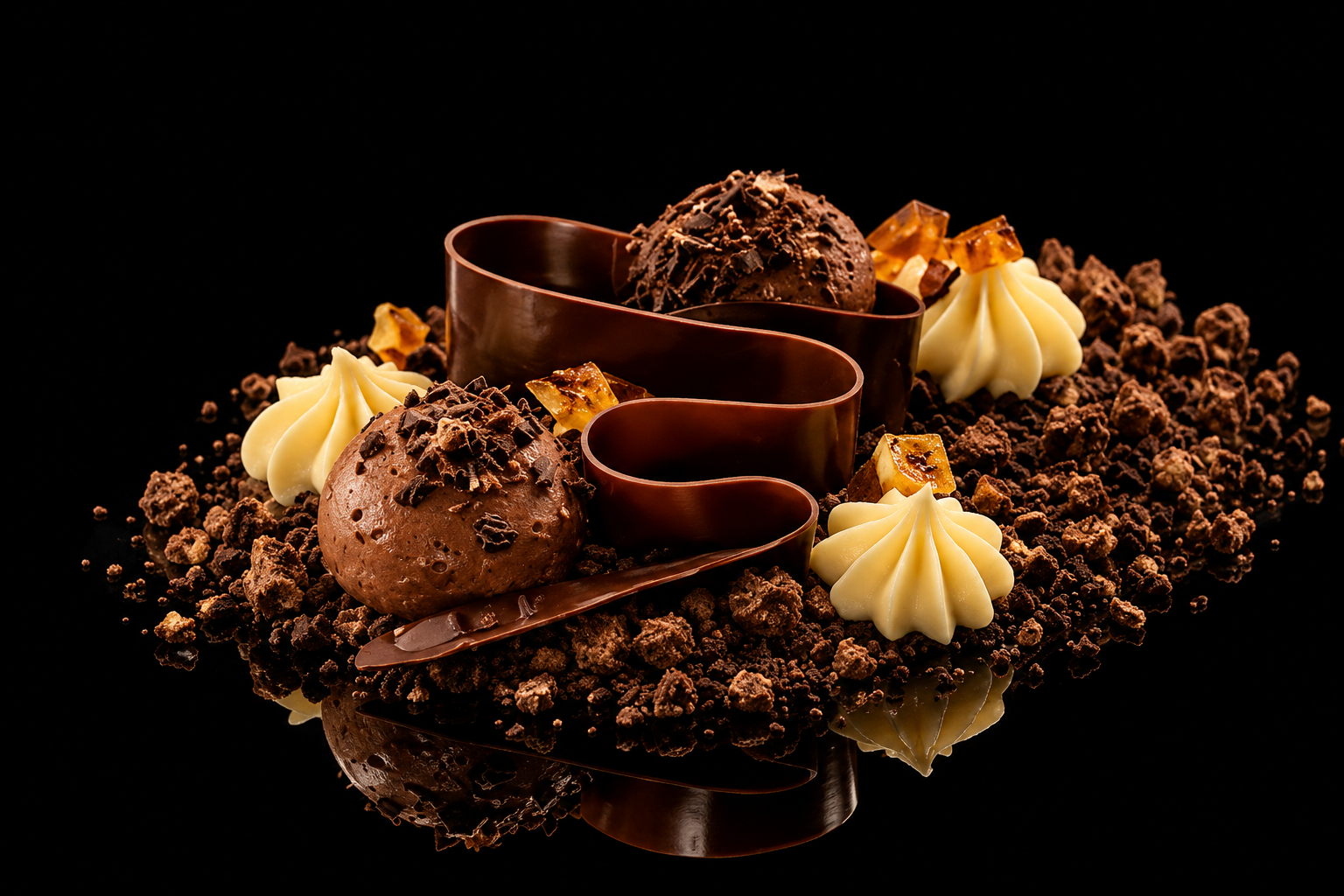 Gâteau au chocolat avec décorations en chocolat blanc, chocolat noir, éclats de caramel ou de biscuit, et gros grains de cacao, sur un fond noir