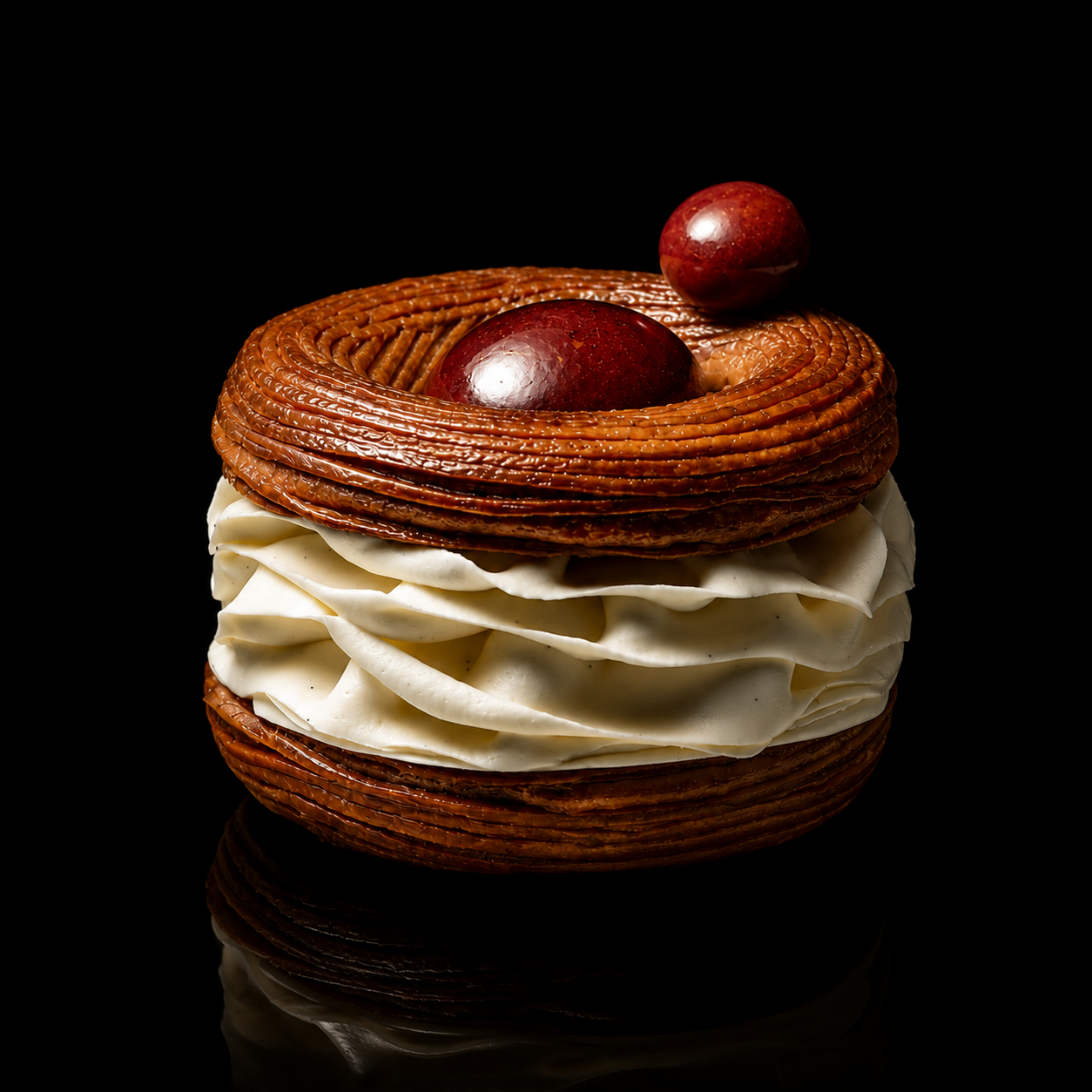 Gâteau décoré avec une couronne de biscuits fins, deux cerises rouges dessus, et une couche de crème blanche au fond, sur fond noir.