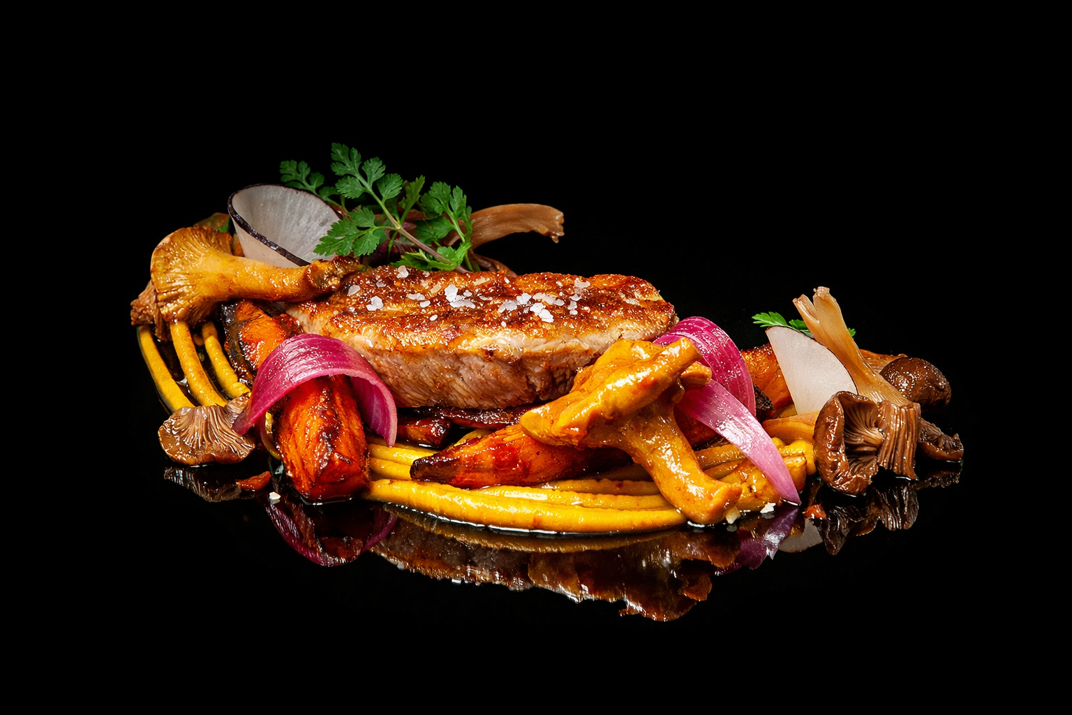 Assiette de viande avec des champignons, des oignons, des légumes et des herbes sur une surface noire.