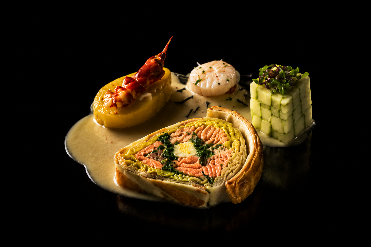 Plate de rouleau de sushi avec saumon, crevette, concombre, œuf, et une sauce sur un fond noir.