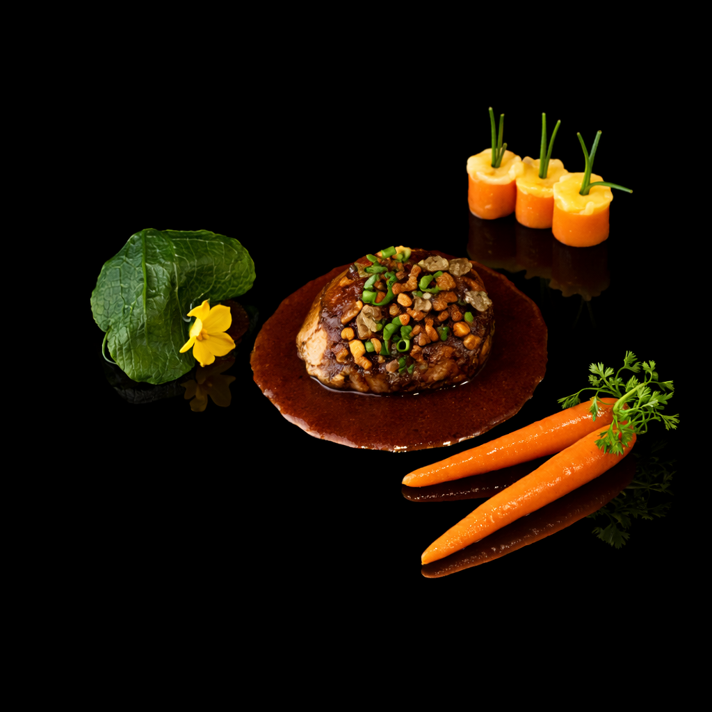 Assiette de filet de viande avec sauce, garnie de noix et ciboulette, accompagnée de carottes, roquette, un rouleau de fromage et concombre, décorée de verdure et fleurs