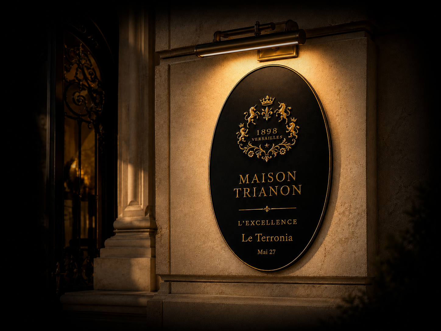 Panneau orné de texte en or sur fond noir, indiquant l'entrée de la maison Trianon avec le nom La Terrasse, le 27 mai, située à Versailles, datant de 1898.