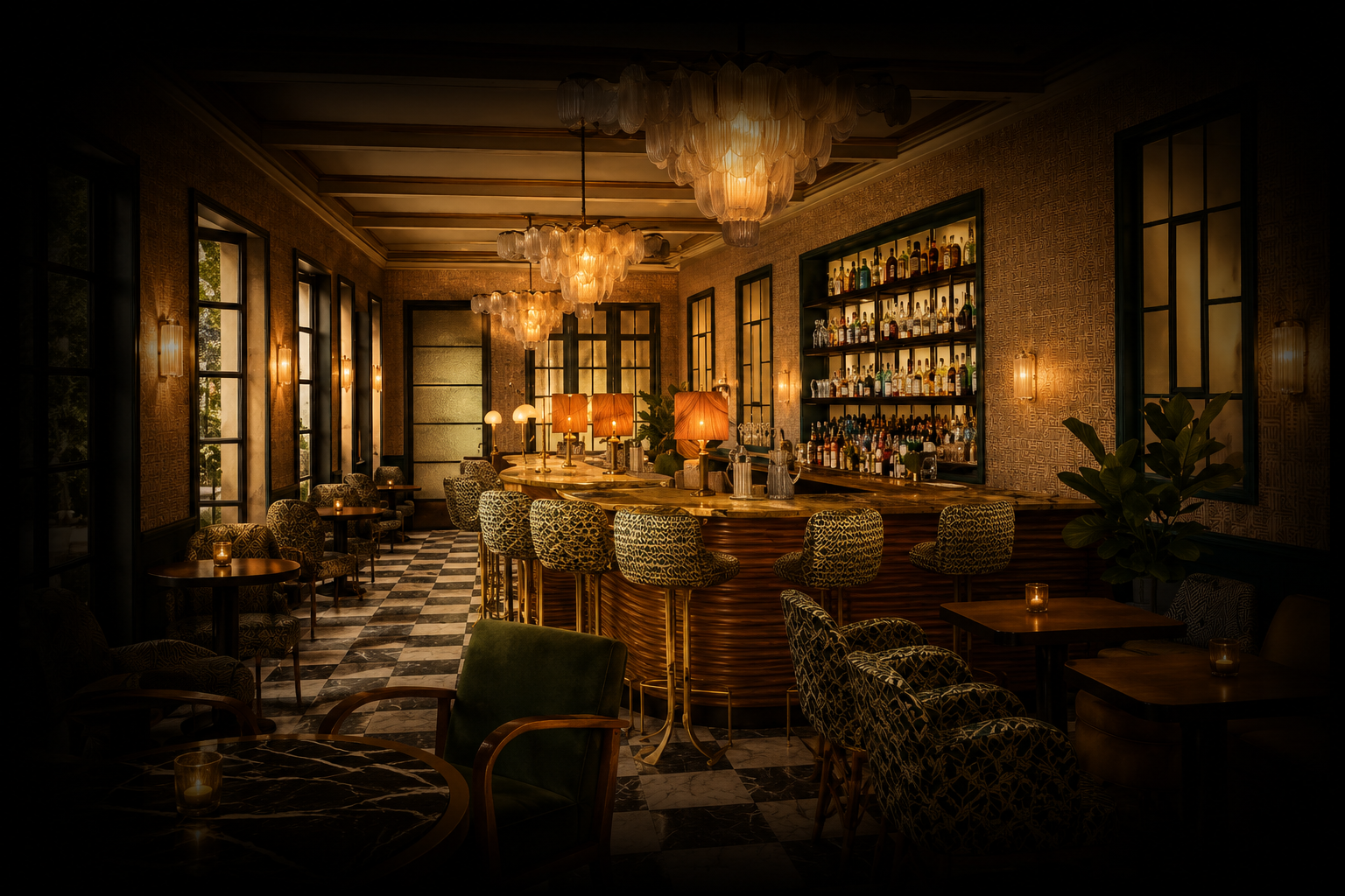 Bar élégamment décoré avec un comptoir en bois, des chaises à motifs léopard, étagères avec bouteilles d'alcool, éclairage tamisé et une atmosphère chaleureuse.