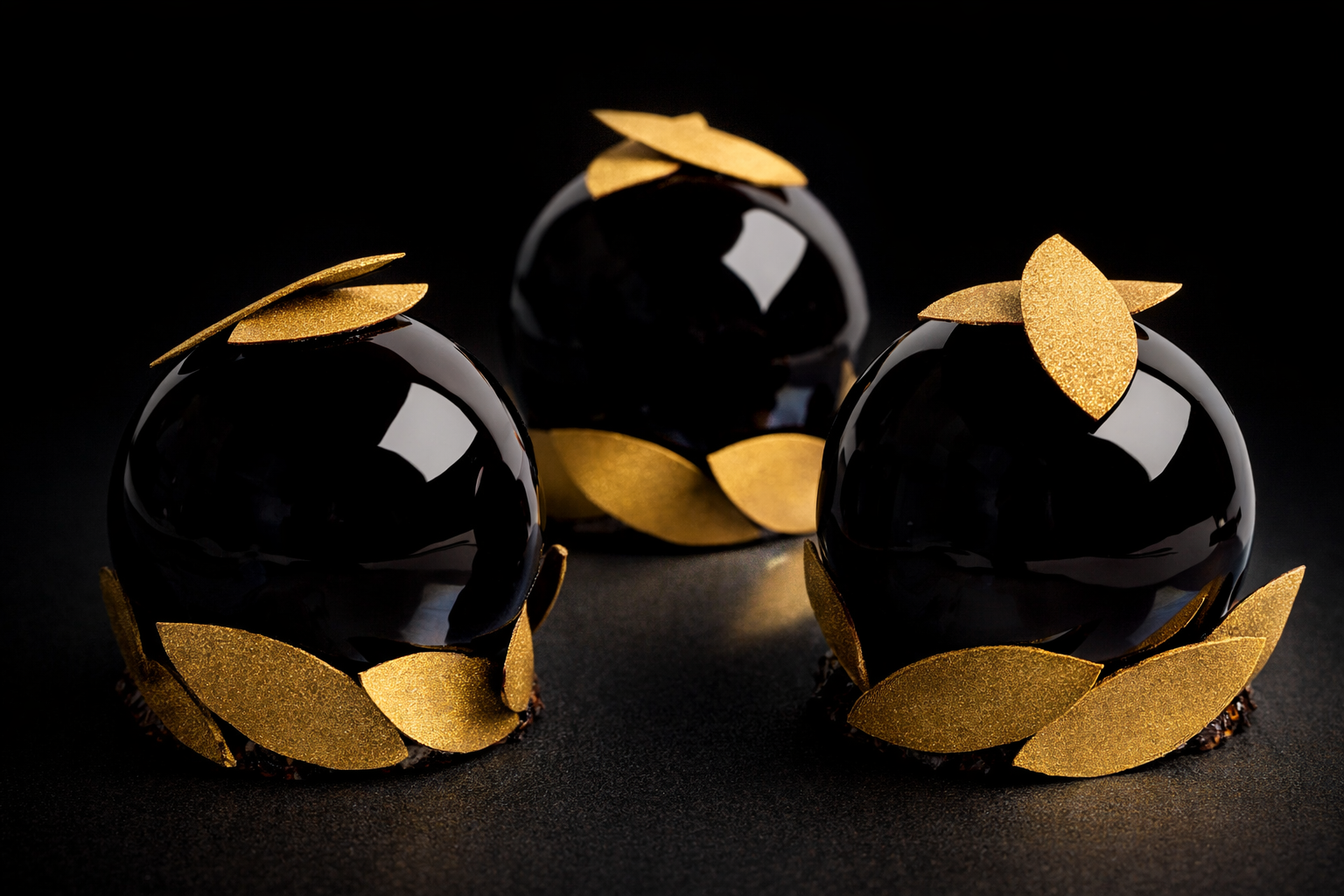 Trois sphères brillantes noires décorées avec des feuilles dorées posées autour et sur le dessus, sur un fond noir.