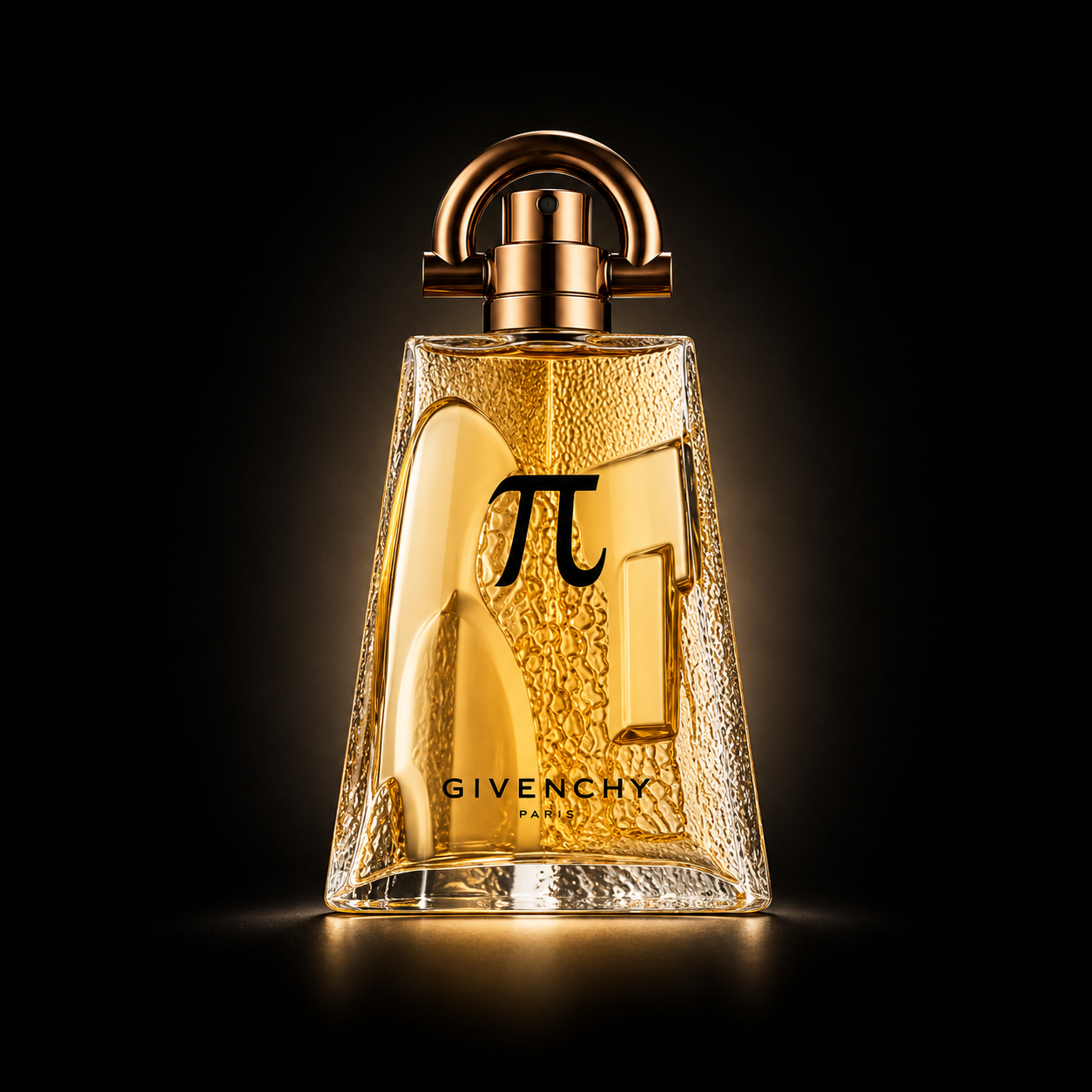 Une bouteille de parfum Givenchy Paris avec un design élégant en verre, contenant un liquide doré, sur fond noir.