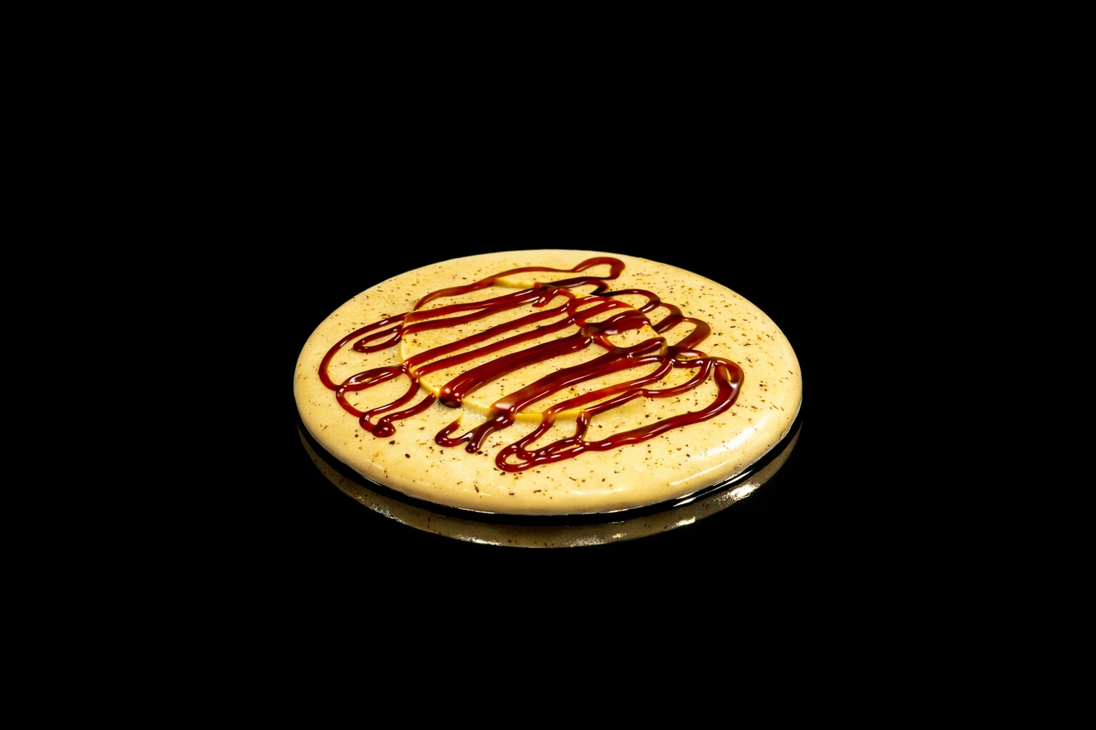 Dessert rond avec une couche de mousse blanche, décoré de caramel et de poivre noir en poudre.