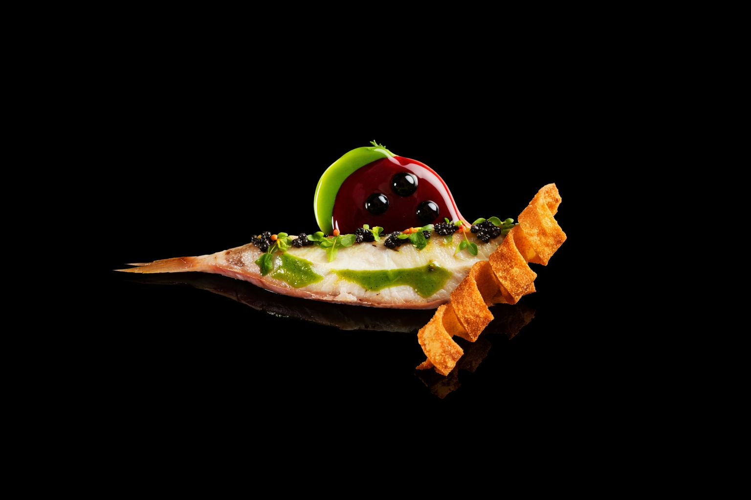 Plat de poisson présenté avec une garniture crémeuse, des légumes verts, des perles noires, une tranche de concombre en forme de melon et des morceaux croustillants de pâte dorée