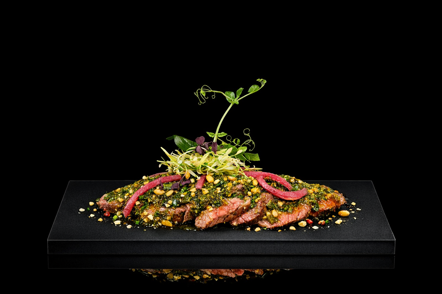 Assiette de viande cuite garnie de sauce verte, avec des oignons rouges, des germes et des herbes, présentée sur une plaque noire