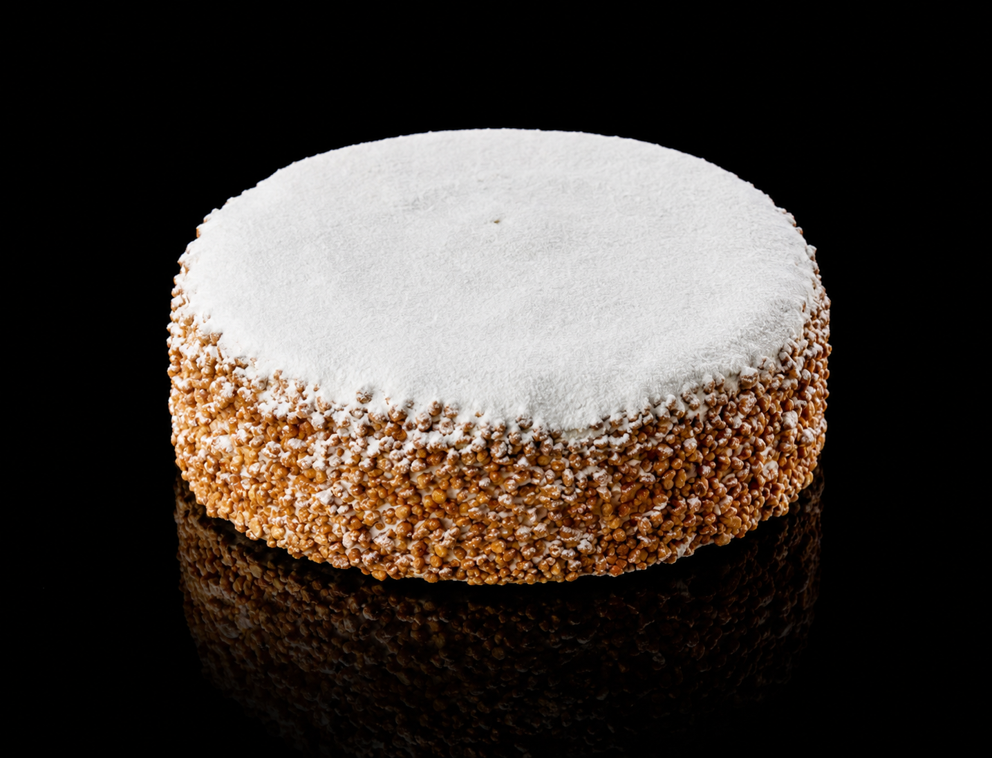 Gâteau rond recouvert d'une fine couche de sucre glace, avec les côtés enrobés de noisettes ou de graines croustillantes, posé sur un fond noir.