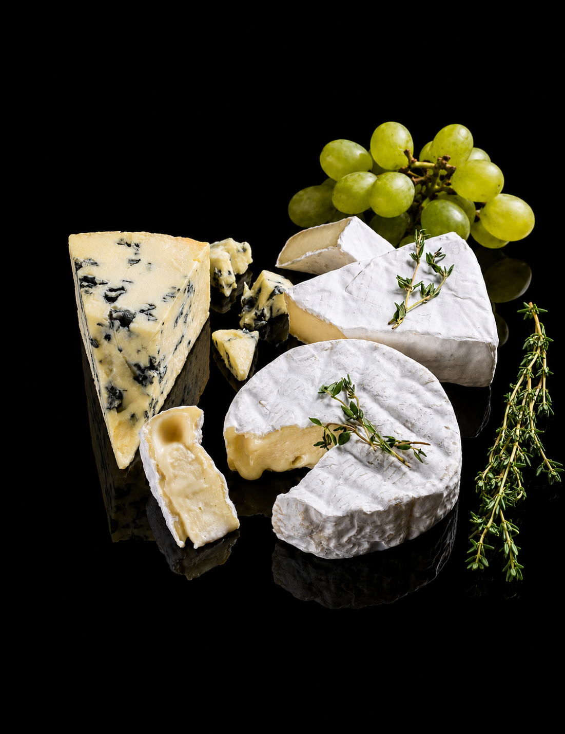 Plate de fromages variés avec raisins verts et herbes aromatiques, présentée sur un fond noir