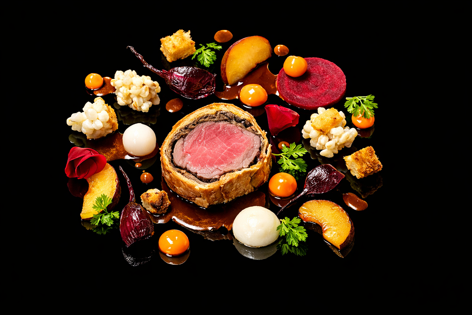 Assiette gastronomique avec fond noir, featuring un rouleau de viande en son centre, entouré de diverses garnitures colorées, fleurs comestibles, sauces et légumes.