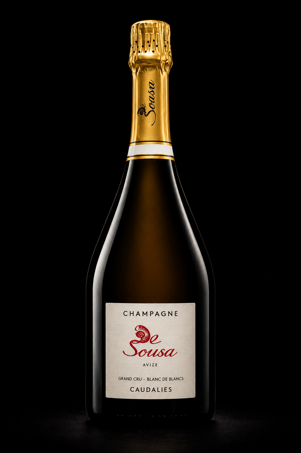 Une bouteille de champagne noire avec une étiquette blanche indiquant 'de Sousa, Champagne, Avize, Grand Cru, Blanc de Blancs, Caudalie' et un bouchon doré.