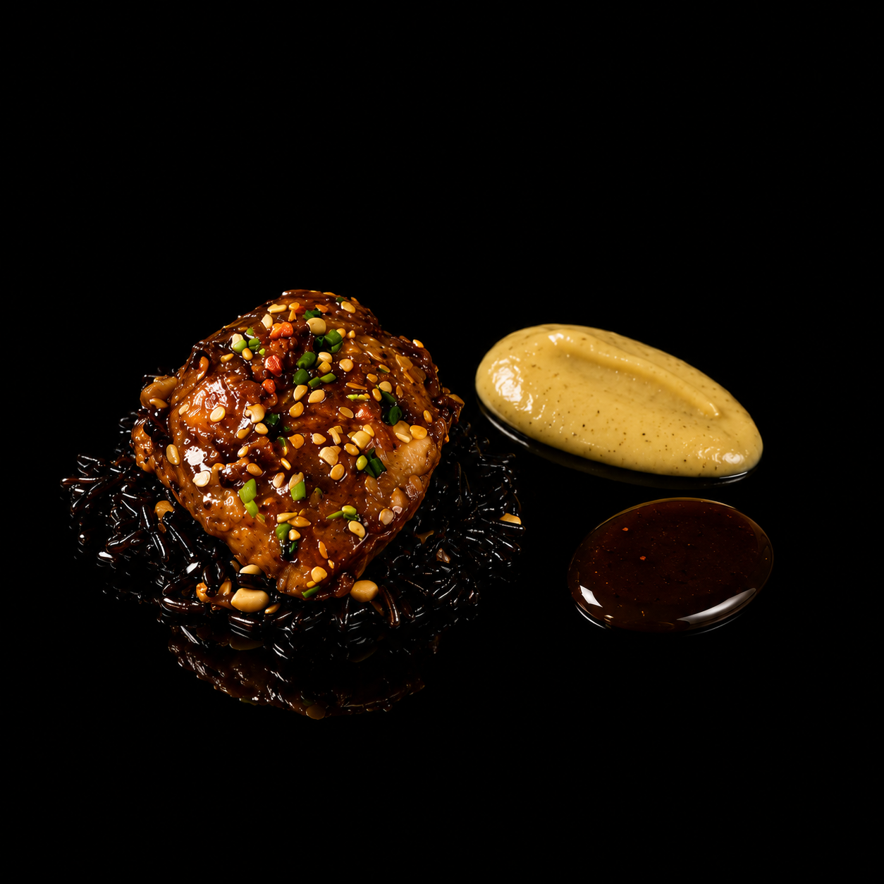Poulet pané avec des graines de sésame, accompagné de trois sauces différentes sur un fond noir.