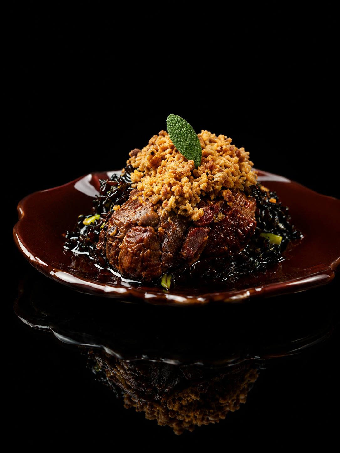 Plat de viande braisée avec une garniture de légumes noirs, garnie de miettes croustillantes et décorée d'une feuille verte, présenté sur une assiette en céramique rouge foncé
