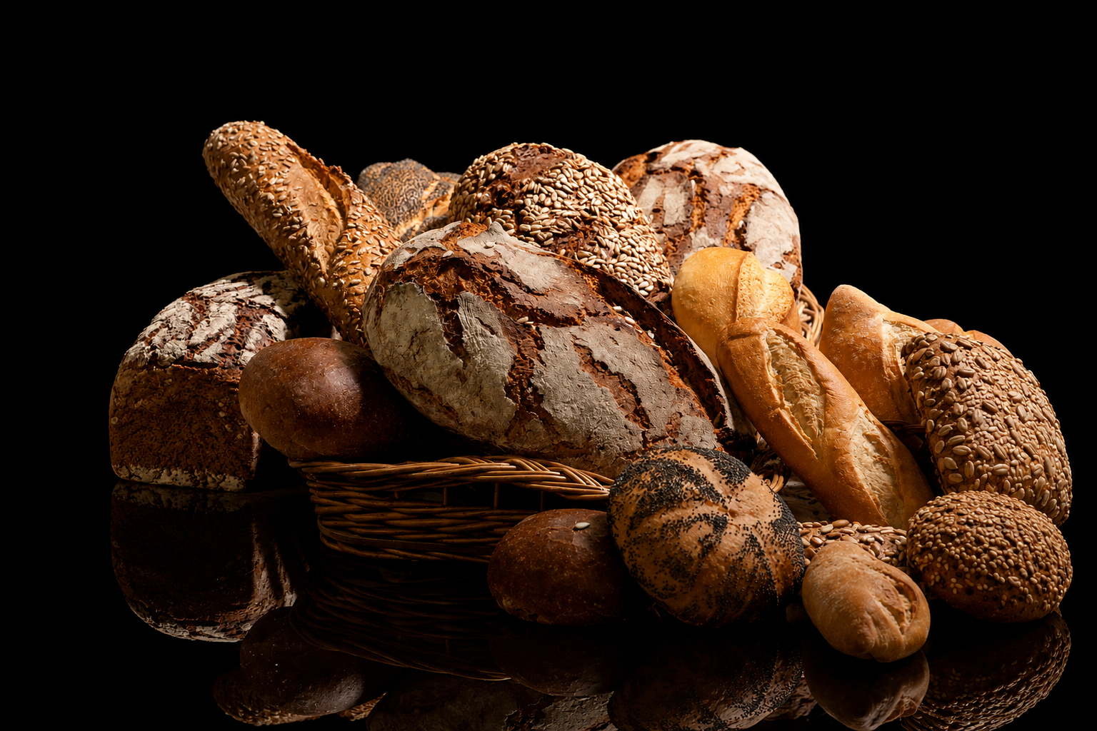 Assortiment de pains dans un panier, avec des baguettes, pains aux graines et pains intégrés sur un fond noir