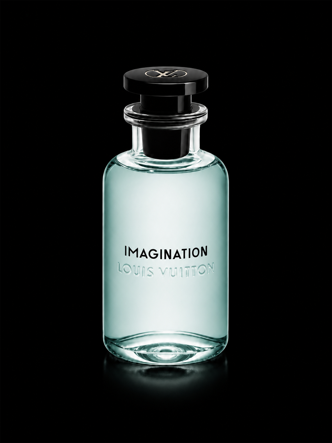 Flacon de parfum Louis Vuitton Imagination sur fond noir.