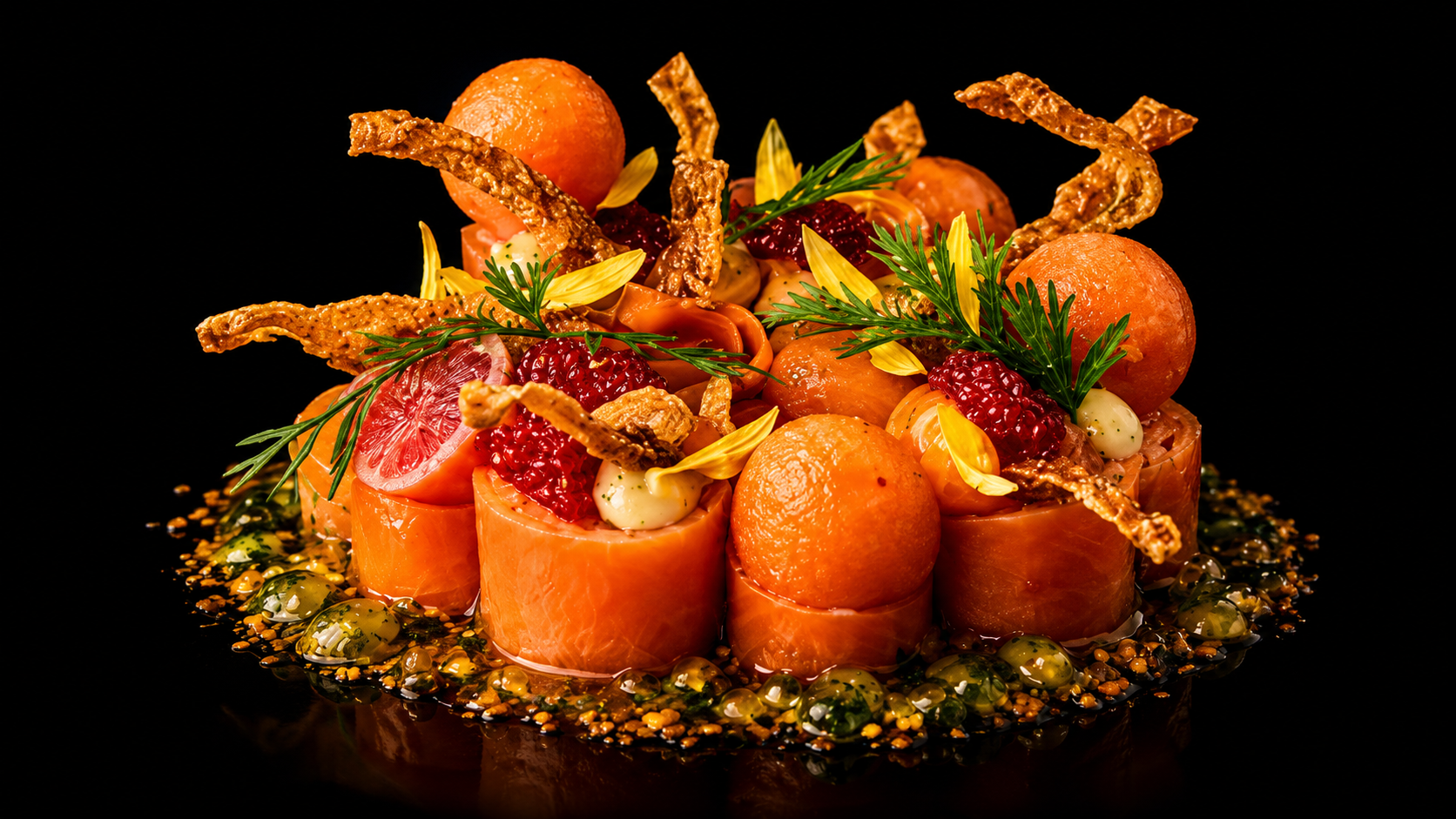 Assiette de saumon fumé roulé avec des fruits rouges, melon, oranges, herbes, fleurs comestibles, et garnitures croquantes, sur un fond noir.