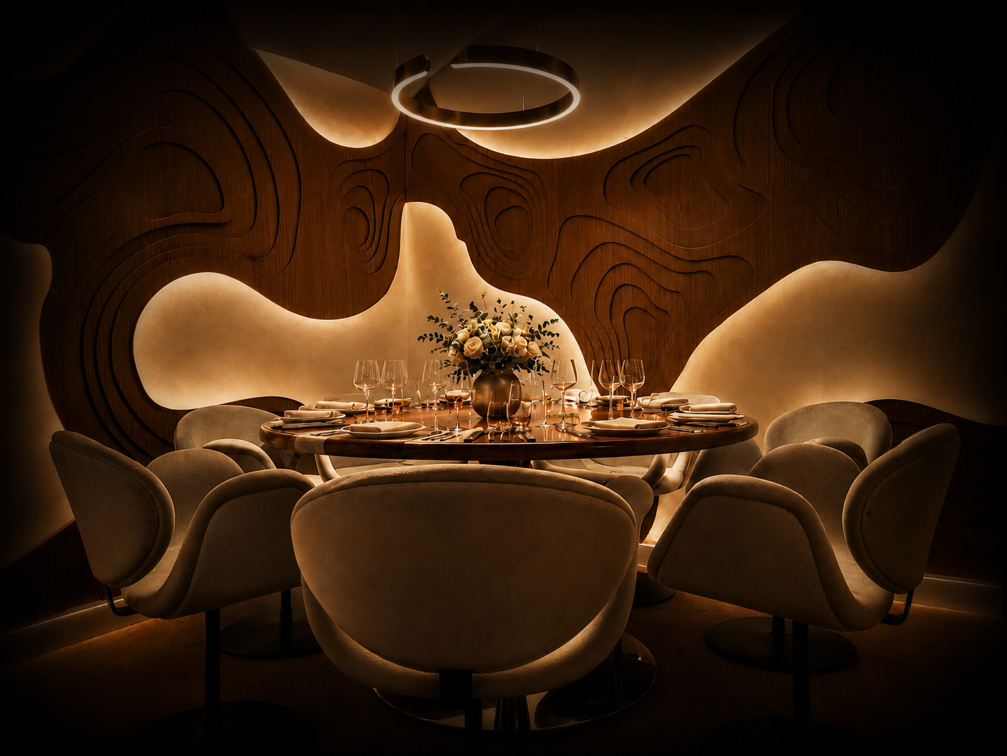 Salle à manger élégante avec un tableau rond en bois et un éclairage chaleureux, table ronde avec vase de fleurs et vaisselle, chaises confortables