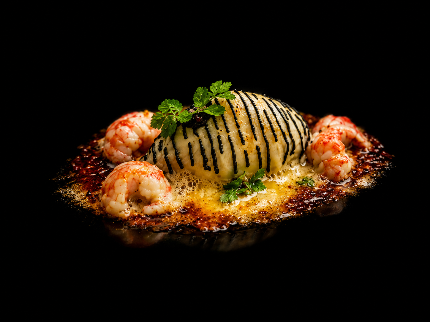 Plat de fruits de mer avec une boule de purée de pommes de terre, garnie d'une coriandre, le tout sur une surface noire.