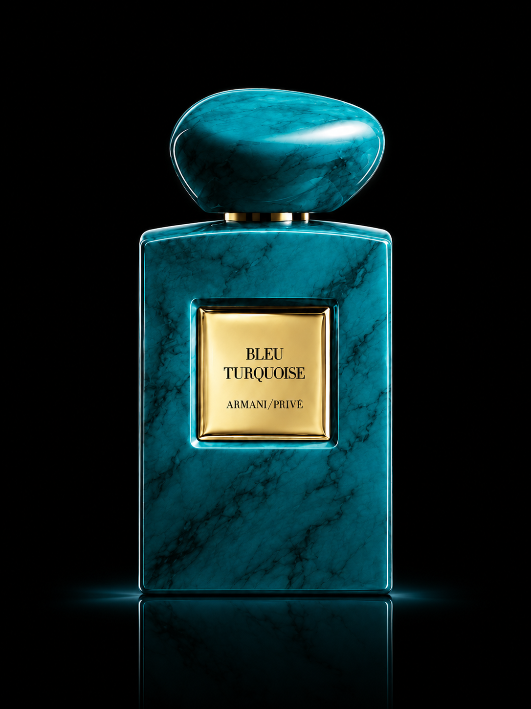 Flacon de parfum bleu turquin avec une étiquette dorée affichant 'Bleu Turquoise Armani/Privé' sur fond noir.