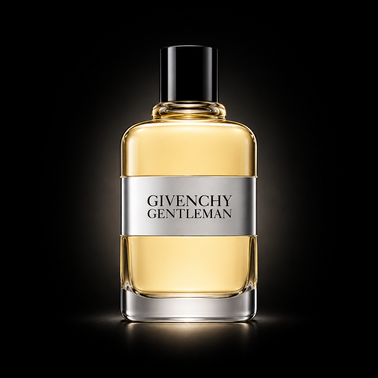 Flacon de parfum Givenchy Gentleman avec un couvercle noir et une étiquette argentée sur un fond noir.