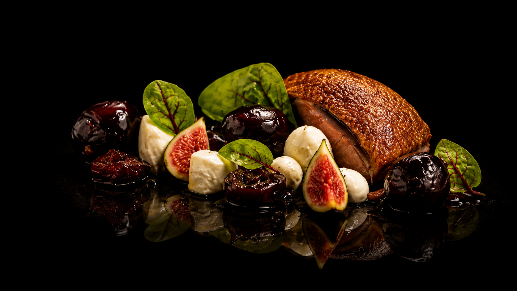 Assiette de magret de canard avec cerises, figues, mozzarella et feuilles vertes, sur fond noir.