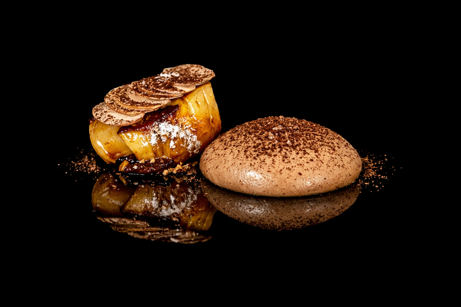 Gâteau aux pommes décoré de chocolat et de poudre de cacao