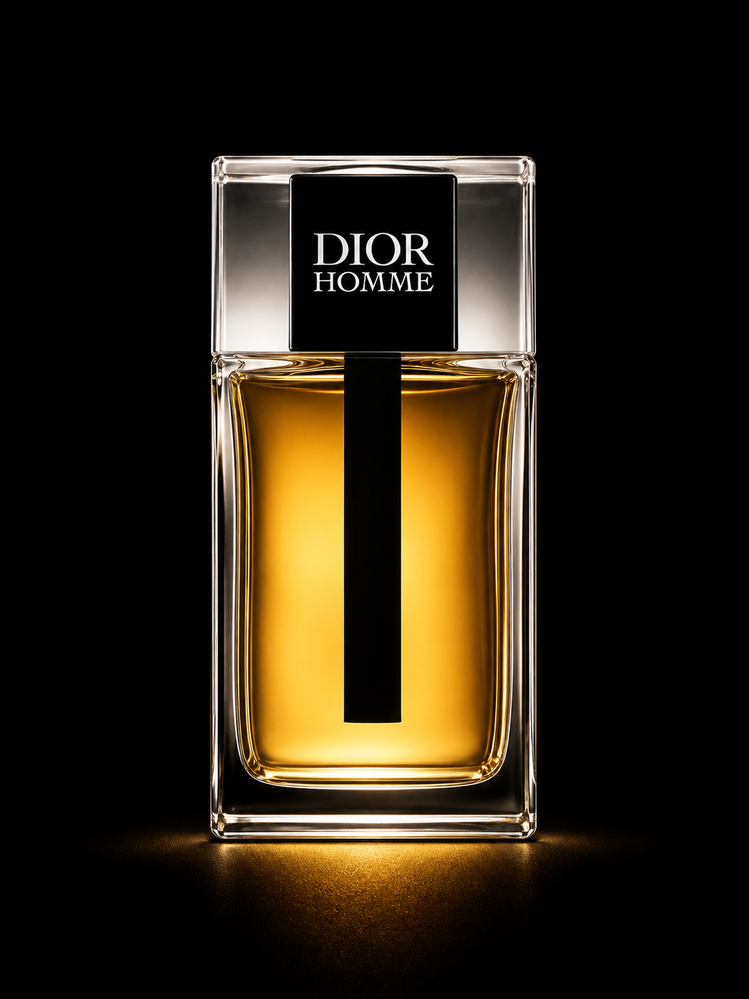 Une bouteille de parfum Dior Homme avec un design élégant sur un fond noir.