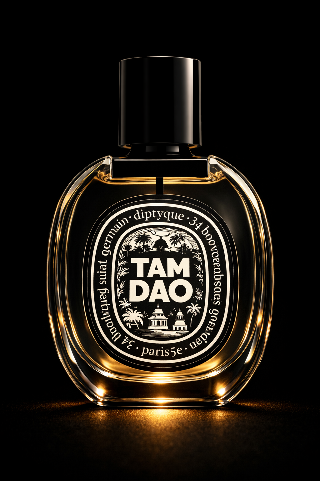 Bouteille de parfum Tulade de la marque Diptyque, avec un design transparent et un étiquetage noir et blanc.