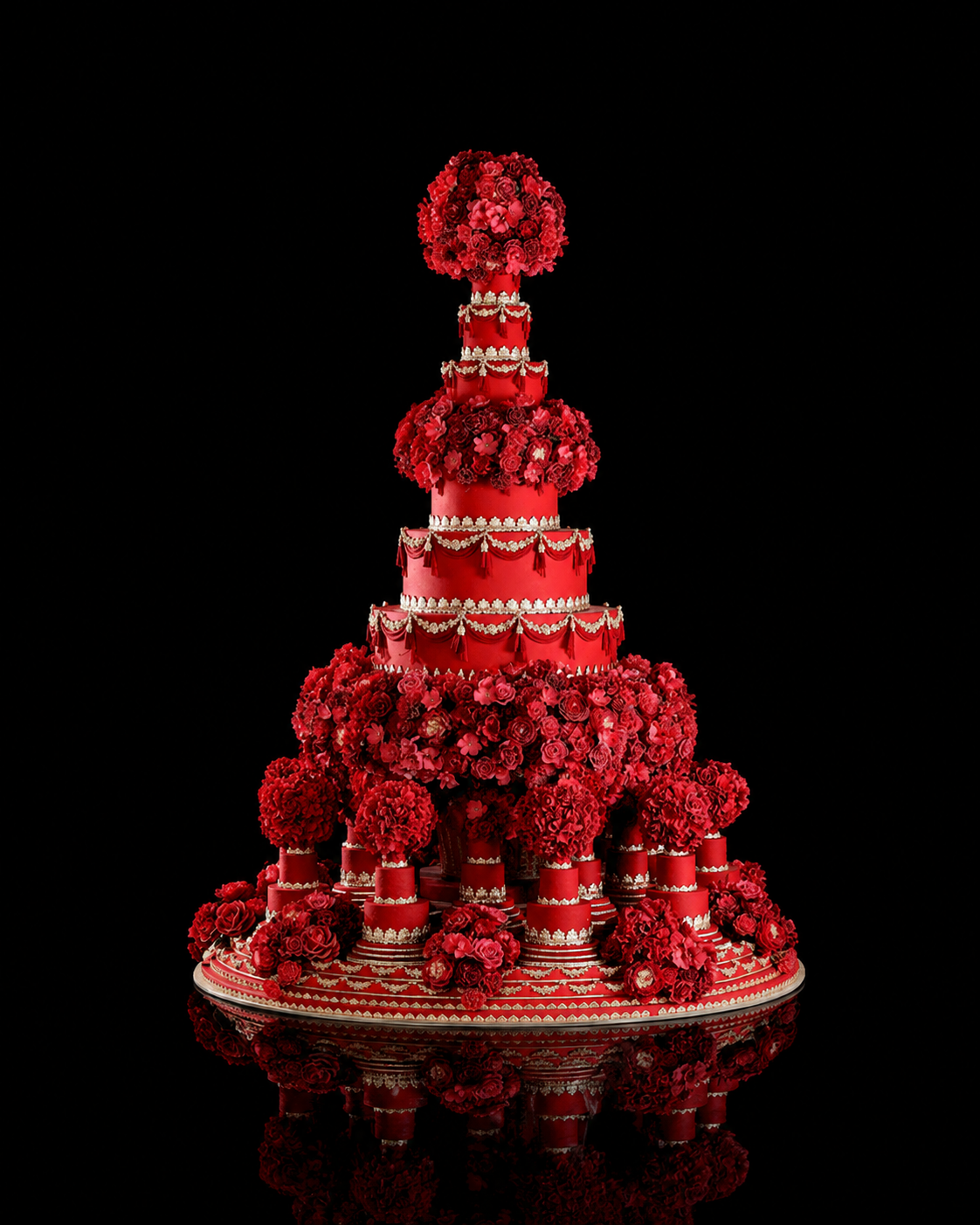 Un gâteau de mariage à plusieurs étages décoré de fleurs rouges et de draperies blanches sur un fond noir.