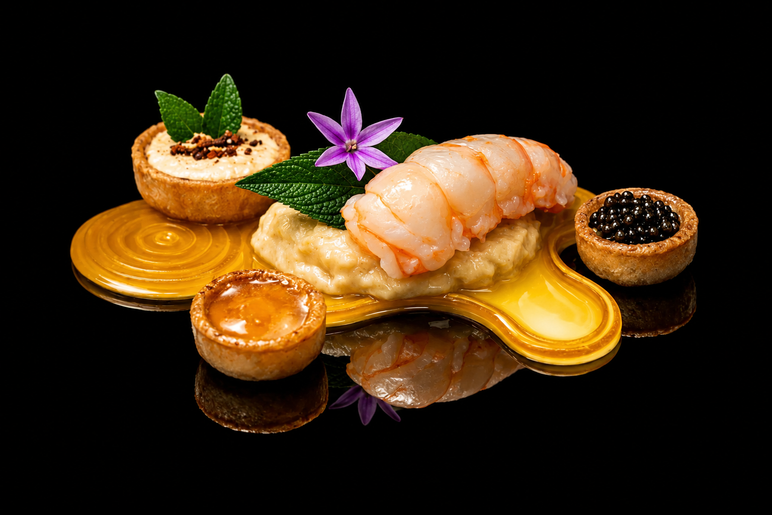 Assiette de fruits de mer avec crevettes, huîtres, et caviar, décorée de feuilles et d'une fleur violette sur une surface noire.