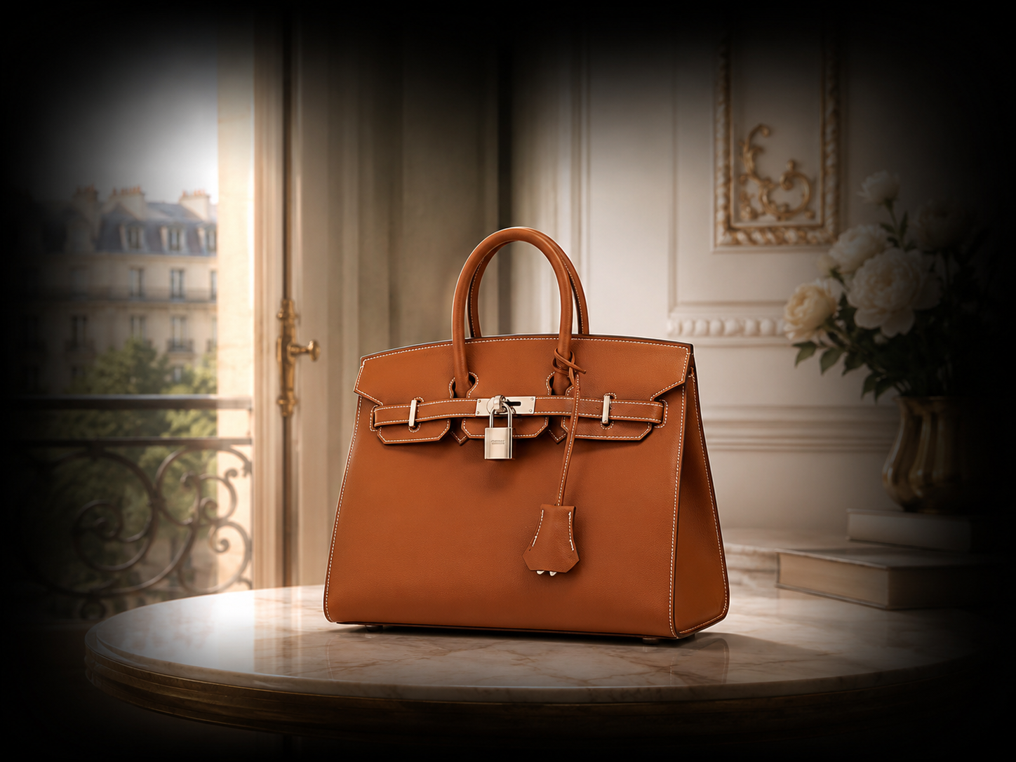 Sac à main en cuir marron sur une table en marbre, dans une salle élégante avec un balcon et des fleurs blanches.